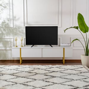 Meuble TV blanc avec rangement - effet laque, pieds dorés JENA